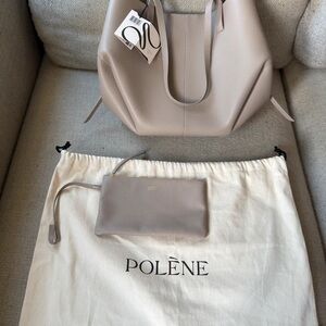 Polène Taupe Leather Tote with Wristlet